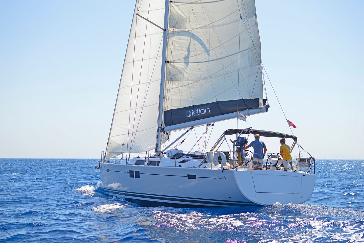 Exterior view of Kimi, a Hanse Yachts Hanse 505 sailboat at Kos, Greece