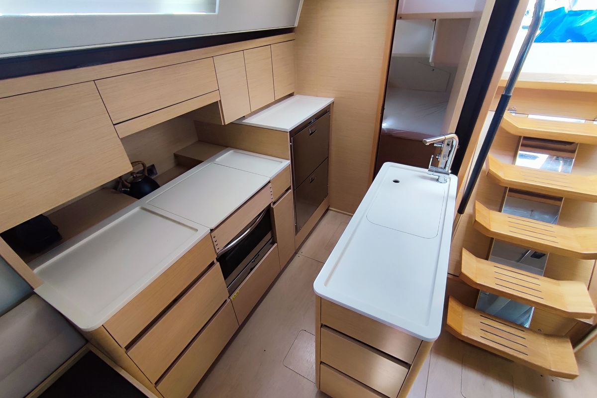 Galley of Ellora, a Hanse Yachts Hanse 548 sailboat at Lavreotiki Municipal Unit, Greece