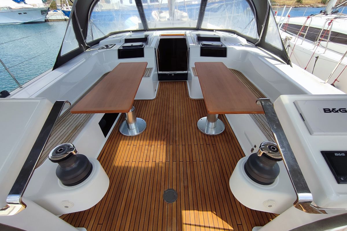 Deck of Ellora, a Hanse Yachts Hanse 548 sailboat at Lavreotiki Municipal Unit, Greece