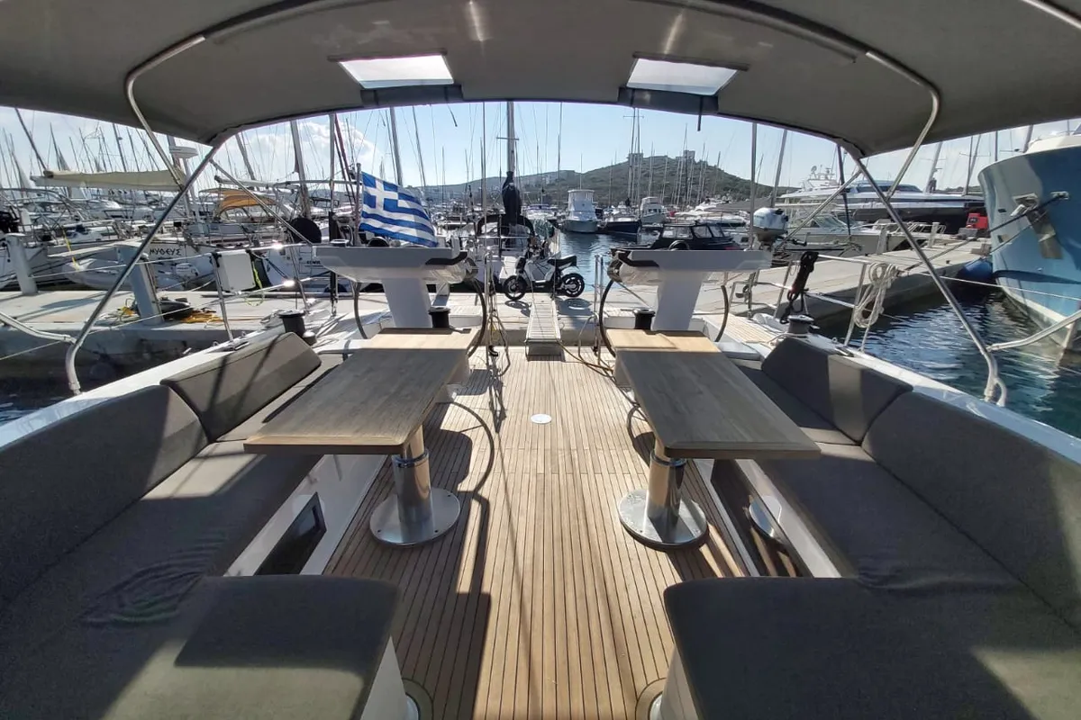 Deck of Ellora, a Hanse Yachts Hanse 548 sailboat at Lavreotiki Municipal Unit, Greece
