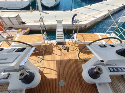 Cockpit of Ellora, a Hanse Yachts Hanse 548 sailboat at Lavreotiki Municipal Unit, Greece