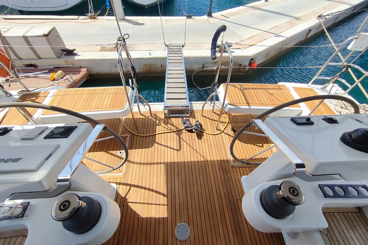 Cockpit of Ellora, a Hanse Yachts Hanse 548 sailboat at Lavreotiki Municipal Unit, Greece
