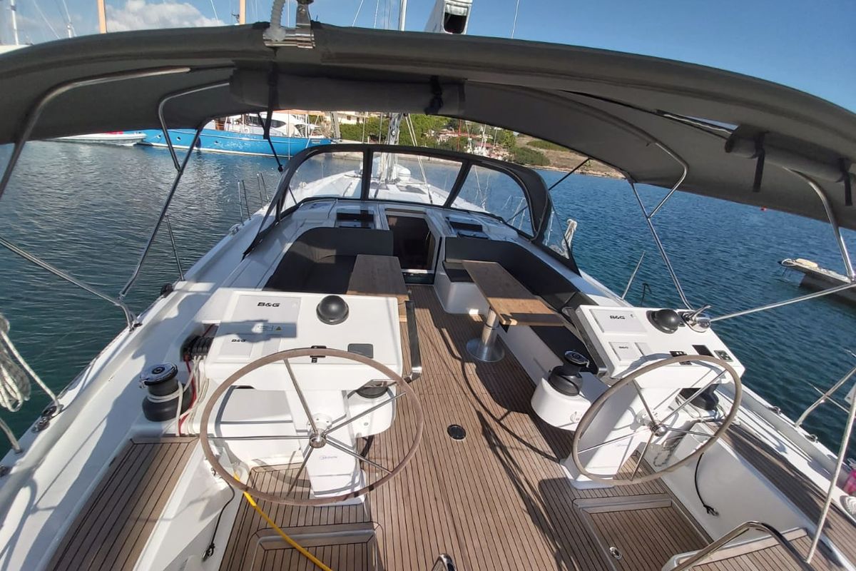 Cockpit of Ellora, a Hanse Yachts Hanse 548 sailboat at Lavreotiki Municipal Unit, Greece