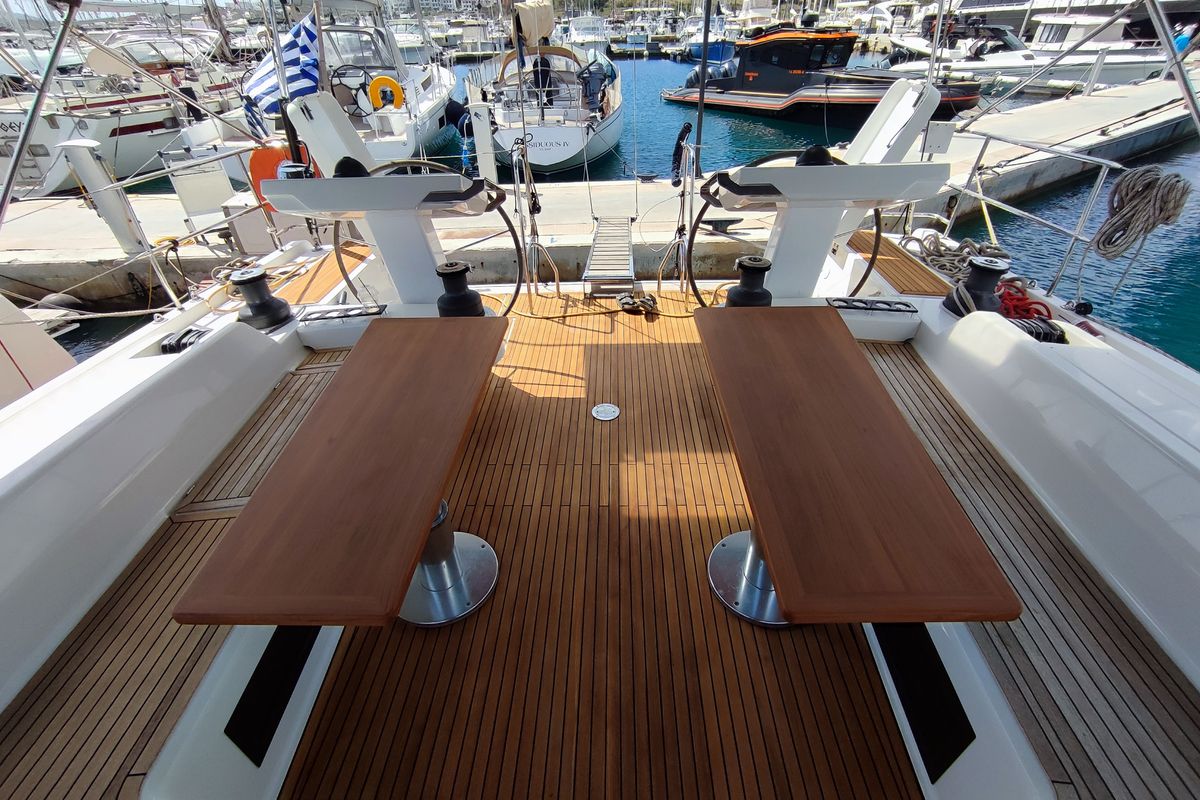 Deck of Ellora, a Hanse Yachts Hanse 548 sailboat at Lavreotiki Municipal Unit, Greece