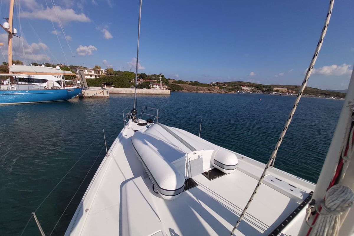 Exterior view of Ellora, a Hanse Yachts Hanse 548 sailboat at Lavreotiki Municipal Unit, Greece