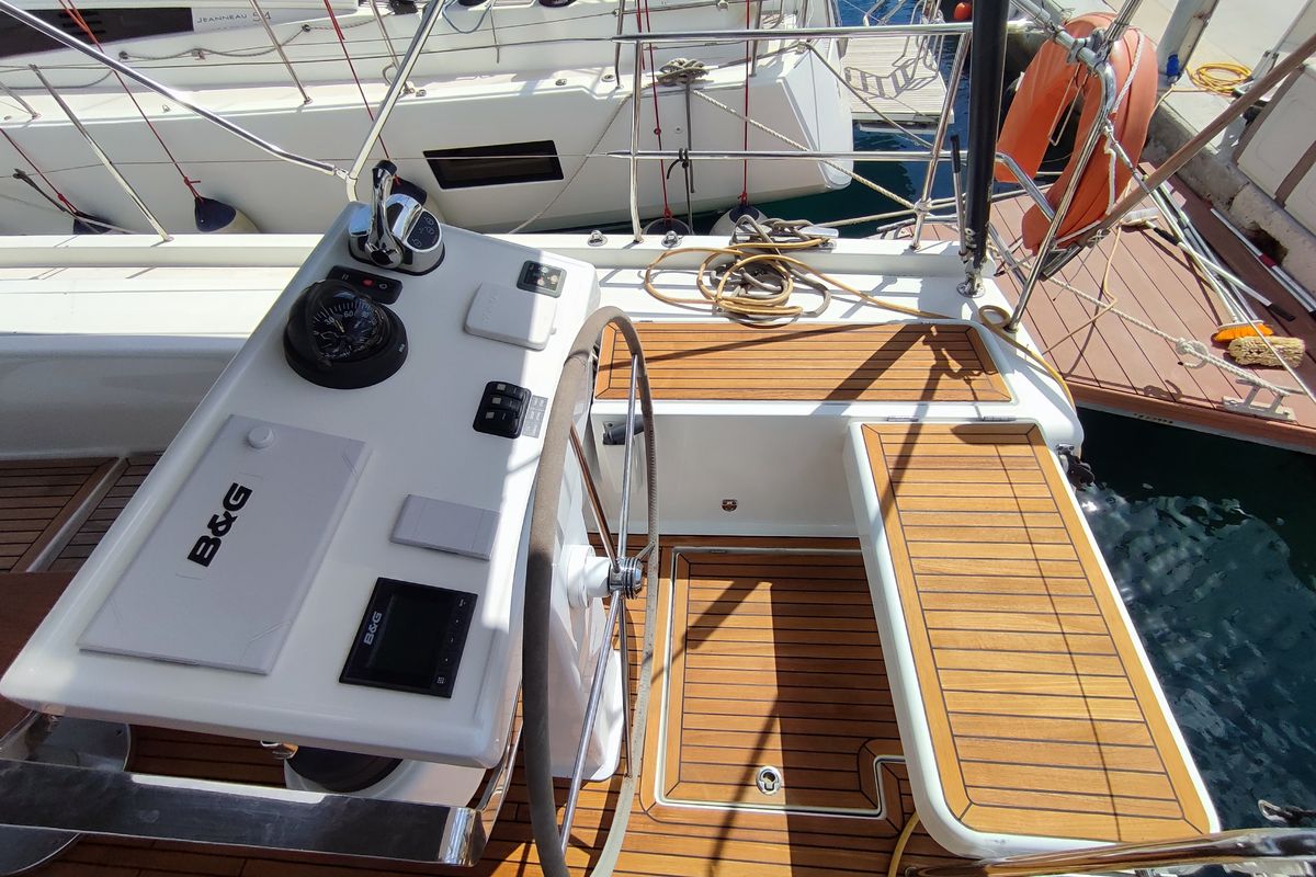 Cockpit of Ellora, a Hanse Yachts Hanse 548 sailboat at Lavreotiki Municipal Unit, Greece