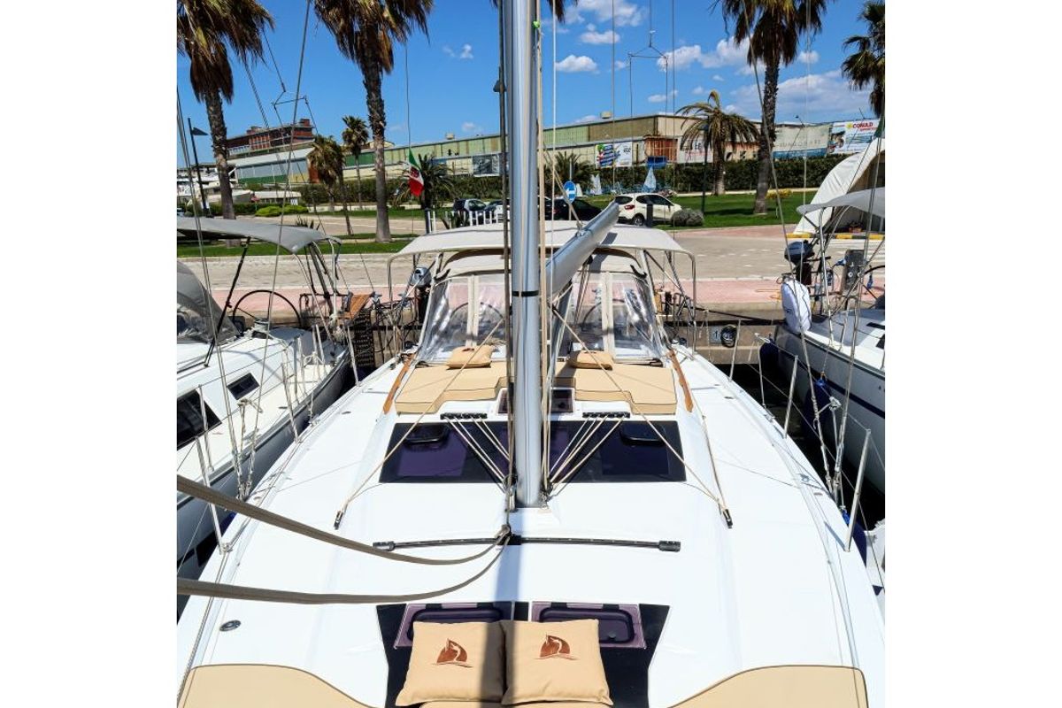 Deck of Shibumi, a Dufour 390 Grand Large sailboat at Castellammare di Stabia, Italy