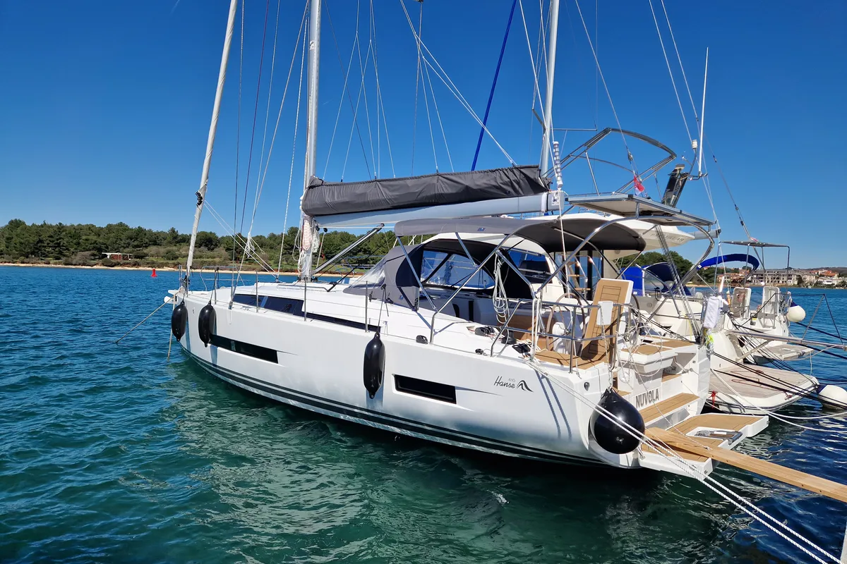 Exterior view of Nuvola, a Hanse Yachts Hanse 410 sailboat at Dubrovnik, Croatia