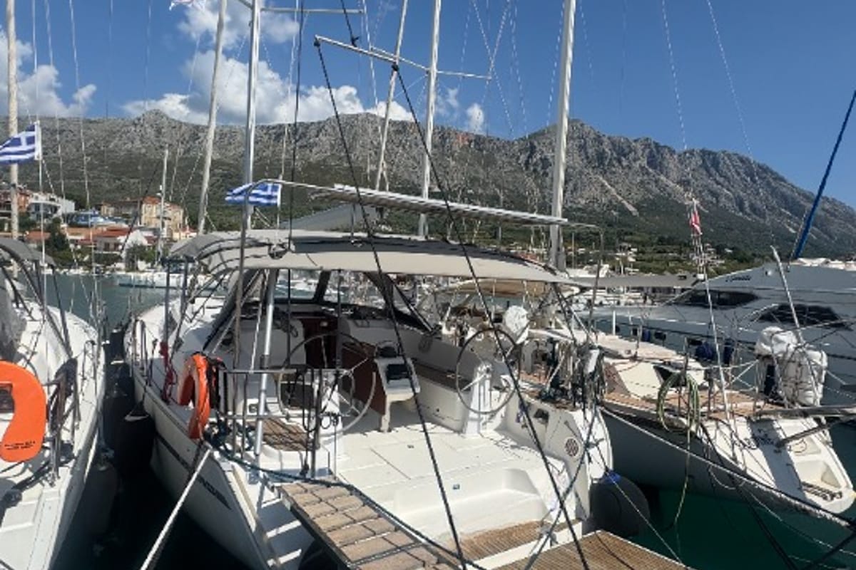 Exterior view of Wanderlust, a Bavaria Cruiser 46 sailboat at Municipal Unit of Palairos, Greece