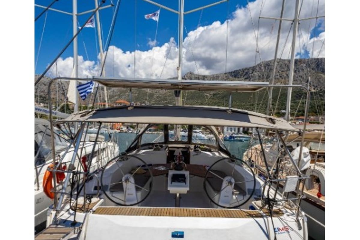 Exterior view of Wanderlust, a Bavaria Cruiser 46 sailboat at Municipal Unit of Palairos, Greece