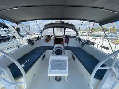 Cockpit of Kassandra, a Bavaria Cruiser 46 sailboat at Athens, Greece