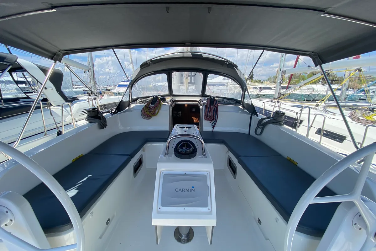 Cockpit of Kassandra, a Bavaria Cruiser 46 sailboat at Athens, Greece