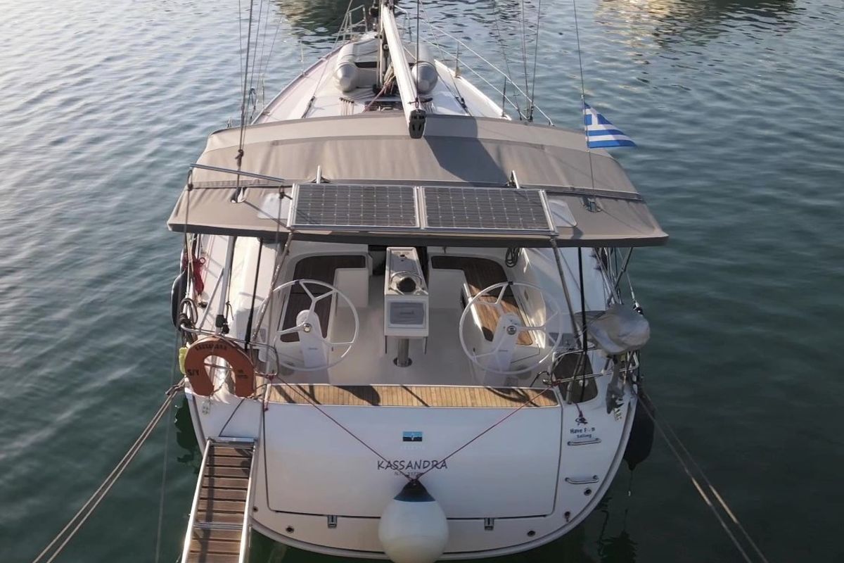 Exterior view of Kassandra, a Bavaria Cruiser 46 sailboat at Athens, Greece