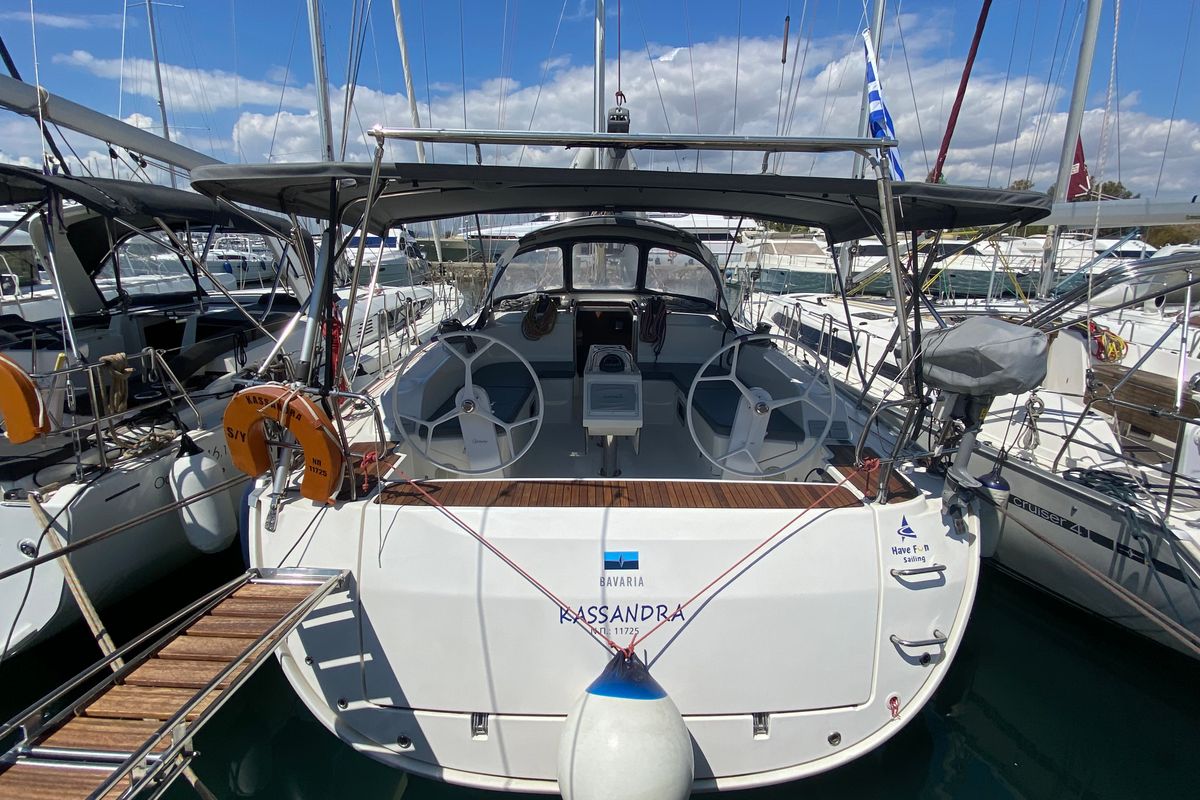 Exterior view of Kassandra, a Bavaria Cruiser 46 sailboat at Athens, Greece