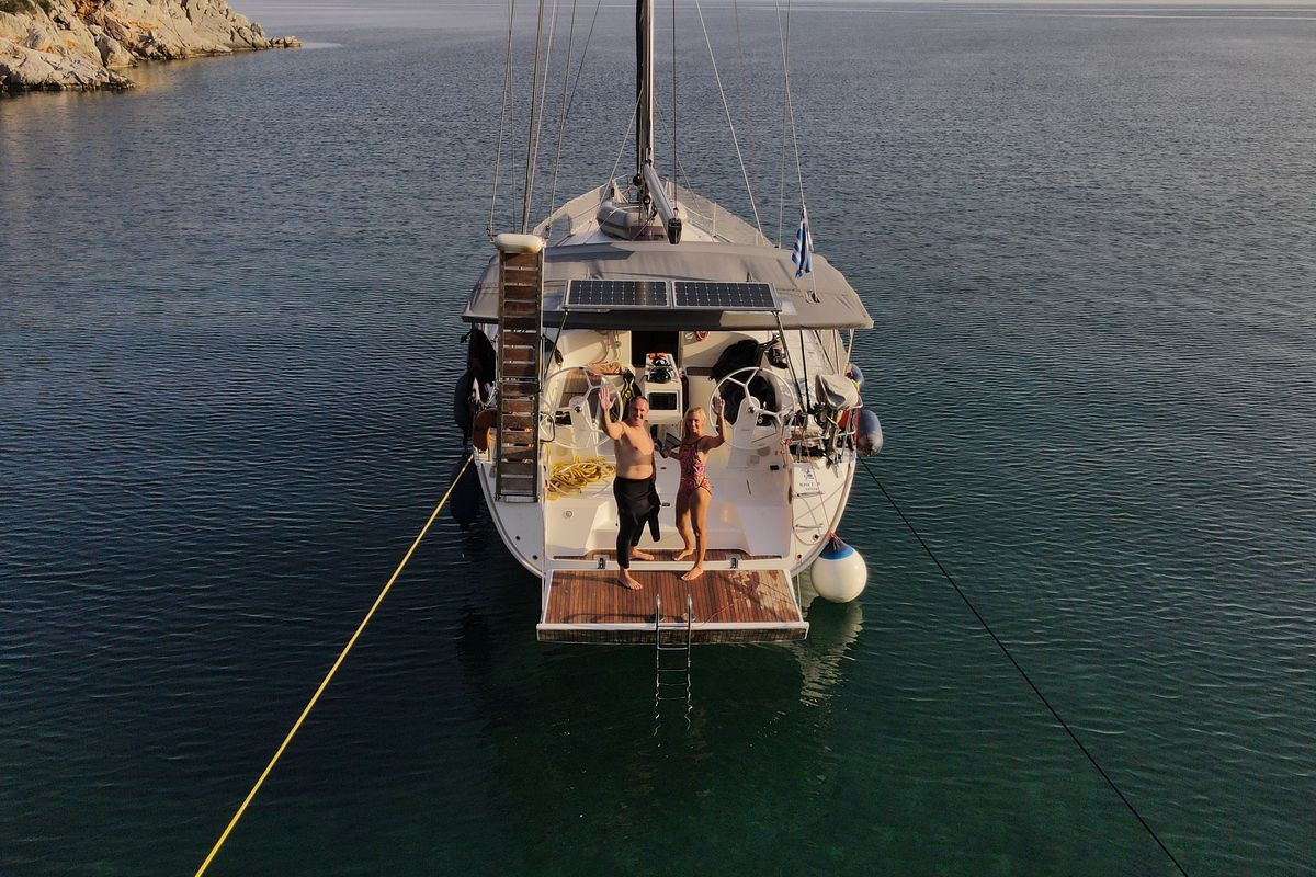 Exterior view of Kassandra, a Bavaria Cruiser 46 sailboat at Athens, Greece