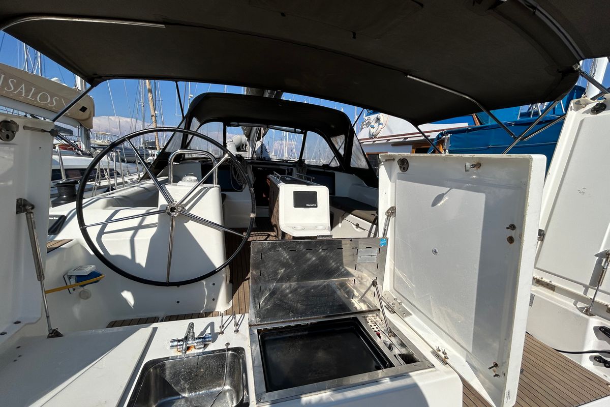 Cockpit of Tango I, a Dufour 460 GL sailboat at Kontokali, Greece