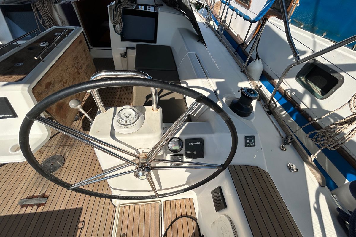 Cockpit of Tango I, a Dufour 460 GL sailboat at Kontokali, Greece