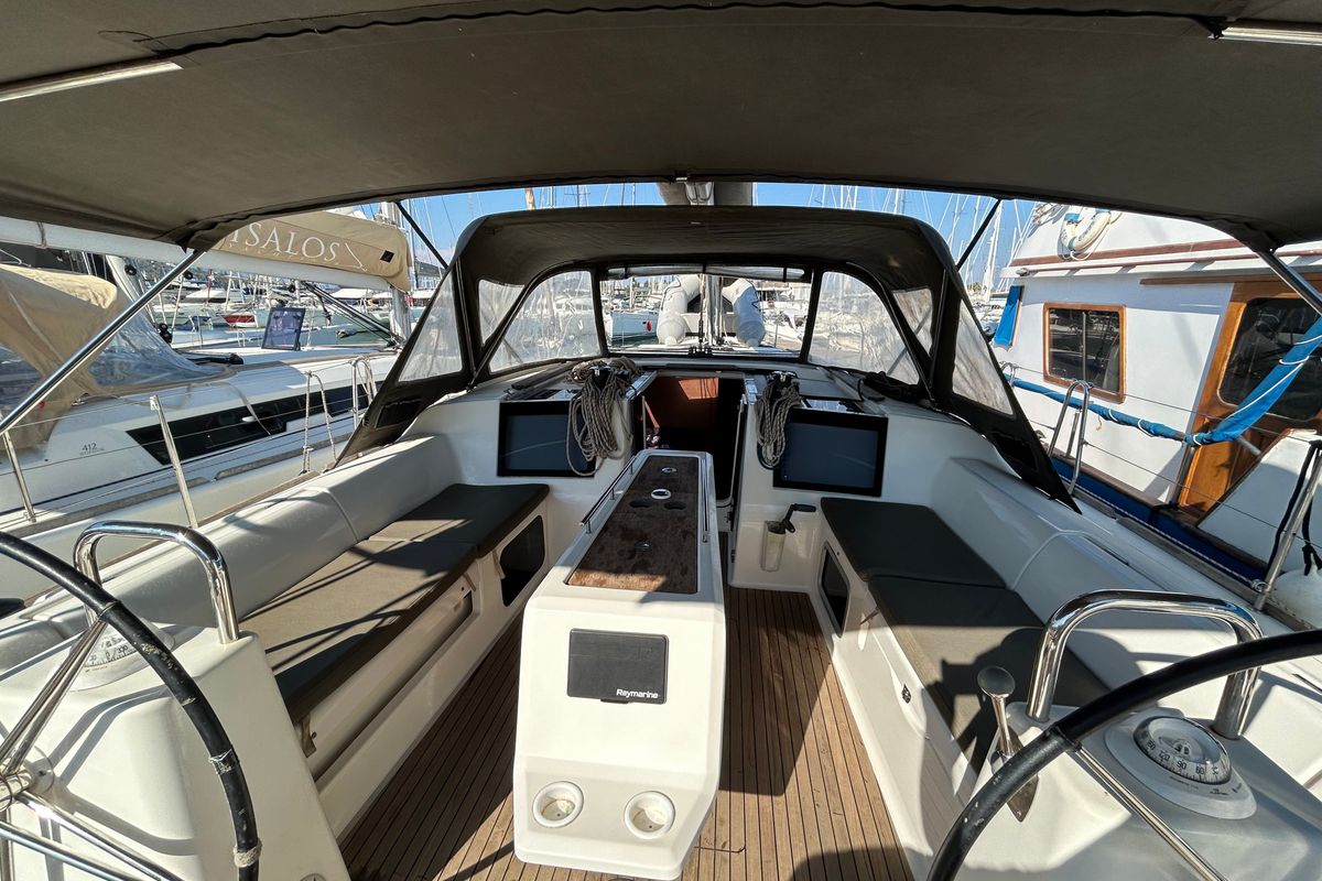 Cockpit of Tango I, a Dufour 460 GL sailboat at Kontokali, Greece