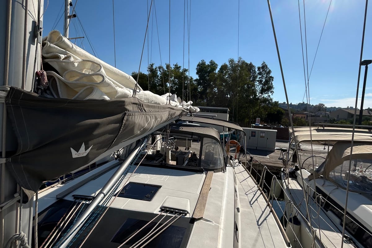 Head on Tango I, a Dufour 460 GL sailboat at Kontokali, Greece