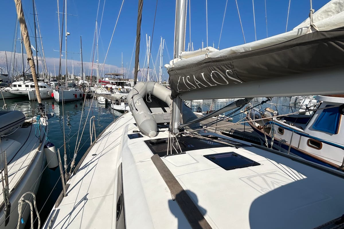 Deck of Tango I, a Dufour 460 GL sailboat at Kontokali, Greece