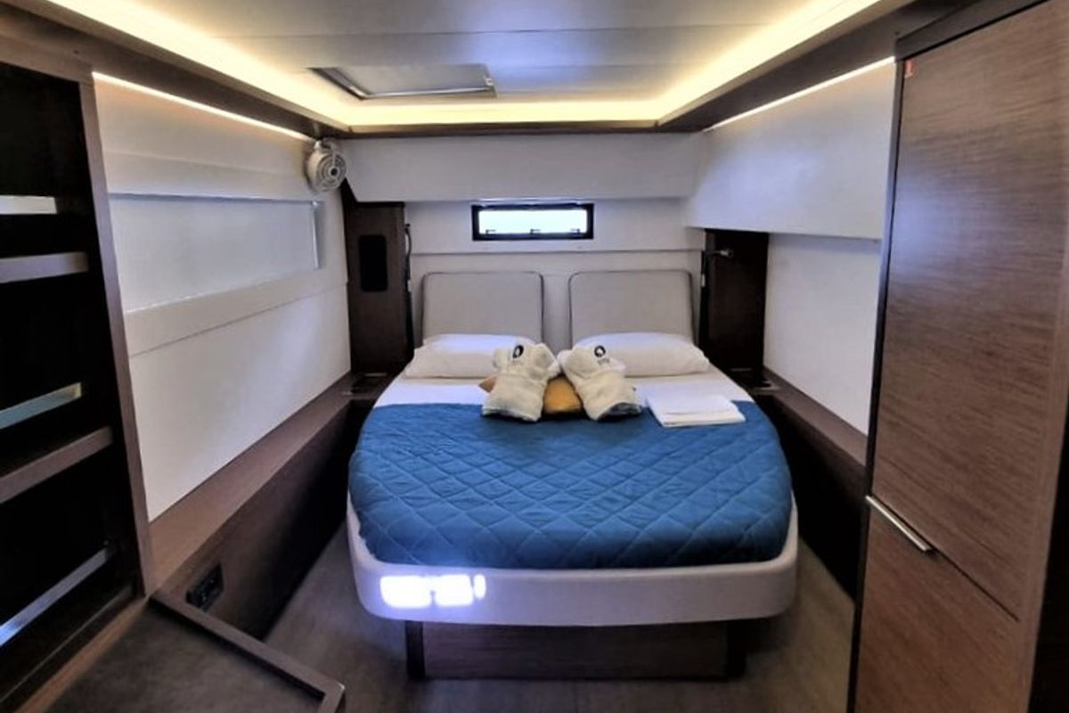 Cabin on Free Bird II, a Lagoon 46 OW catamaran at Lavreotiki Municipal Unit, Greece