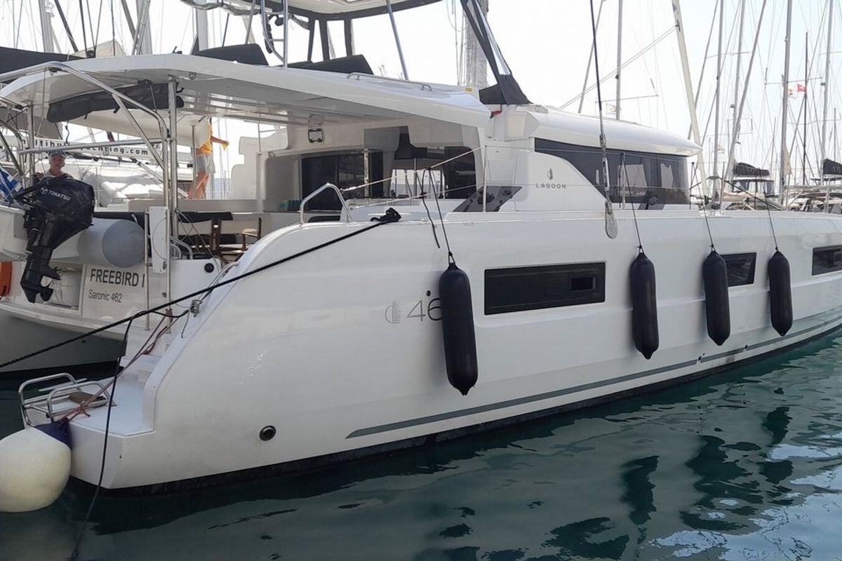 Exterior view of Free Bird II, a Lagoon 46 OW catamaran at Lavreotiki Municipal Unit, Greece