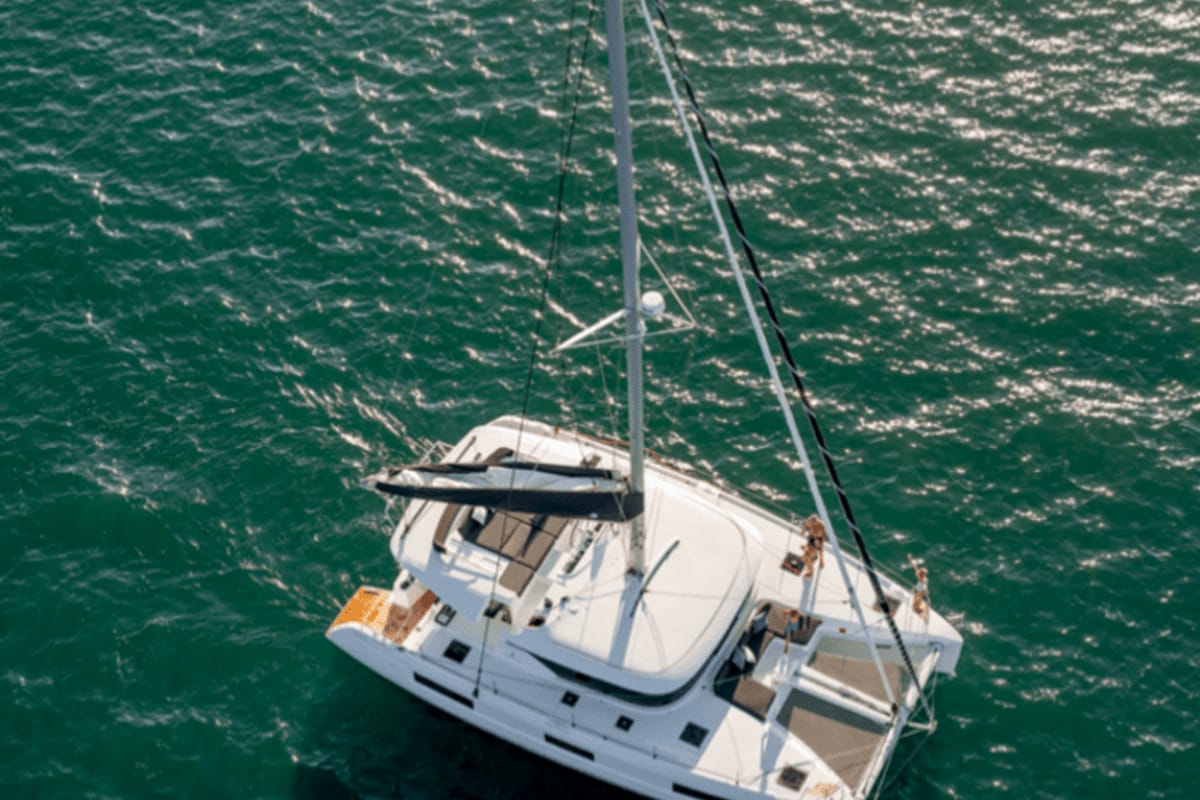 Exterior view of Free Bird II, a Lagoon 46 OW catamaran at Lavreotiki Municipal Unit, Greece
