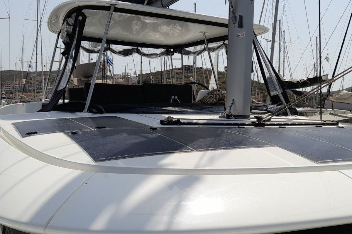 Deck of Free Bird II, a Lagoon 46 OW catamaran at Lavreotiki Municipal Unit, Greece