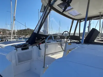 Cockpit of Free Bird II, a Lagoon 46 OW catamaran at Lavreotiki Municipal Unit, Greece