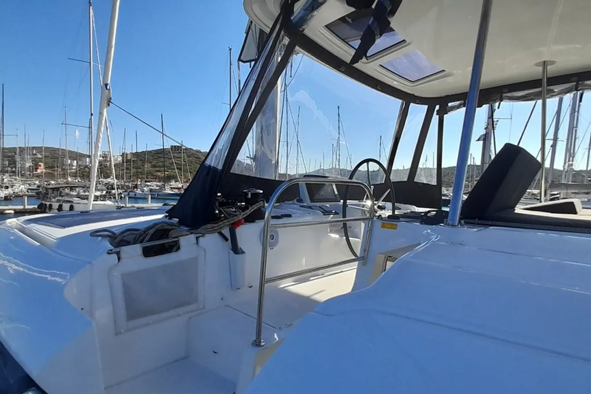 Cockpit of Free Bird II, a Lagoon 46 OW catamaran at Lavreotiki Municipal Unit, Greece