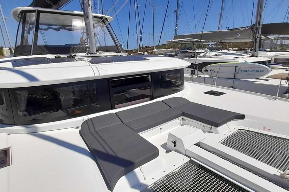 Deck of Free Bird II, a Lagoon 46 OW catamaran at Lavreotiki Municipal Unit, Greece