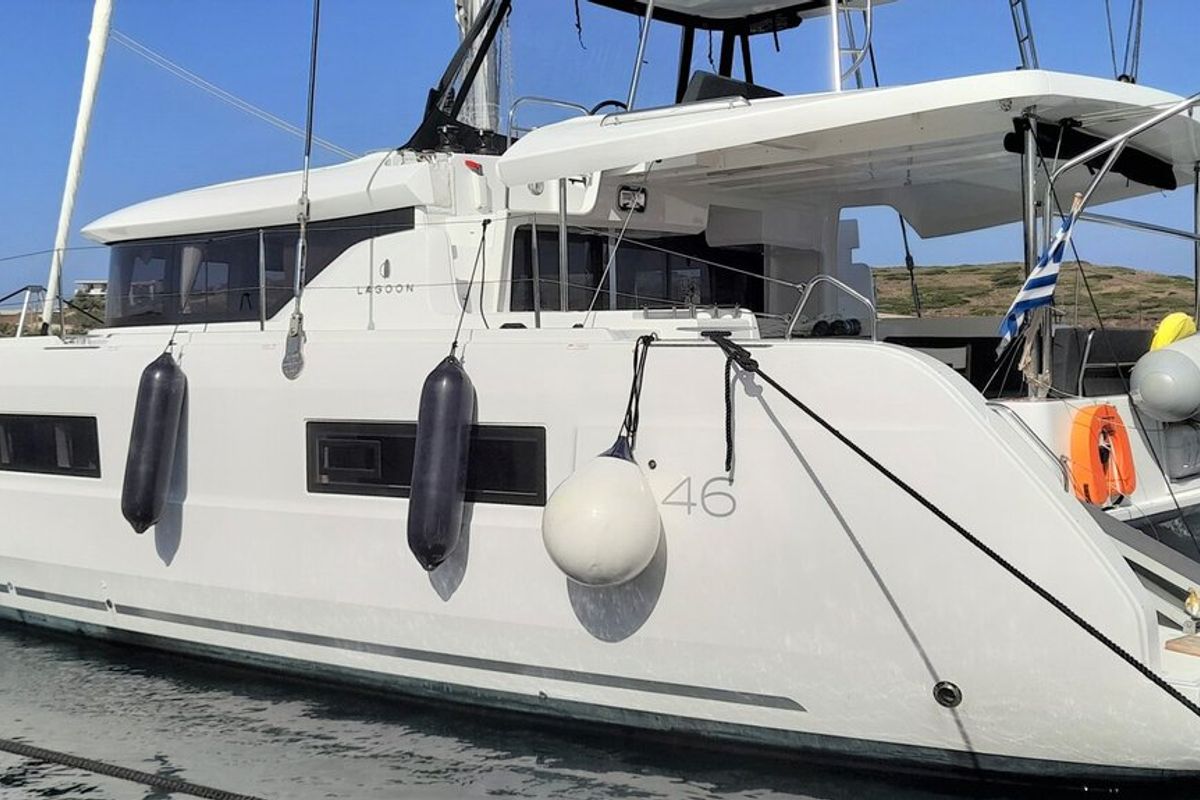 Exterior view of Free Bird II, a Lagoon 46 OW catamaran at Lavreotiki Municipal Unit, Greece