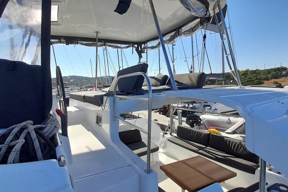 Deck of Free Bird II, a Lagoon 46 OW catamaran at Lavreotiki Municipal Unit, Greece