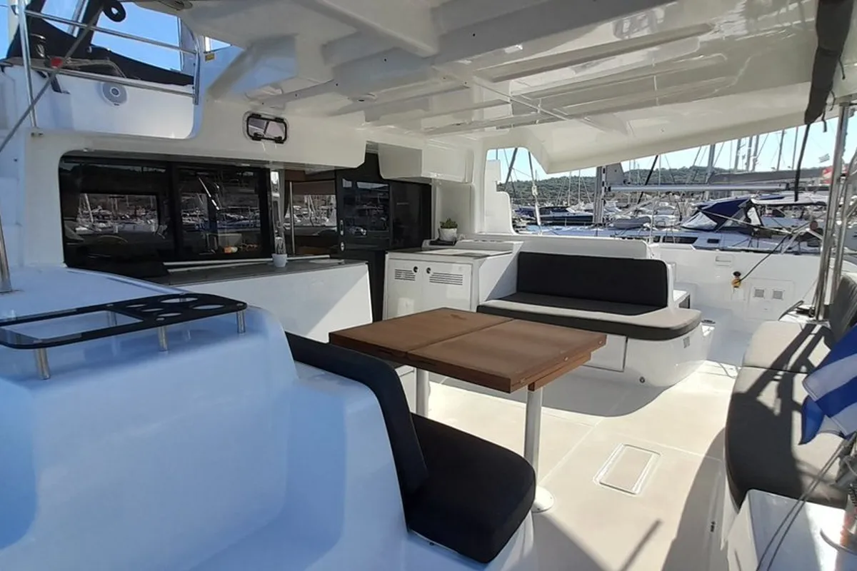 Deck of Free Bird II, a Lagoon 46 OW catamaran at Lavreotiki Municipal Unit, Greece