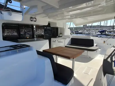 Deck of Free Bird II, a Lagoon 46 OW catamaran at Lavreotiki Municipal Unit, Greece