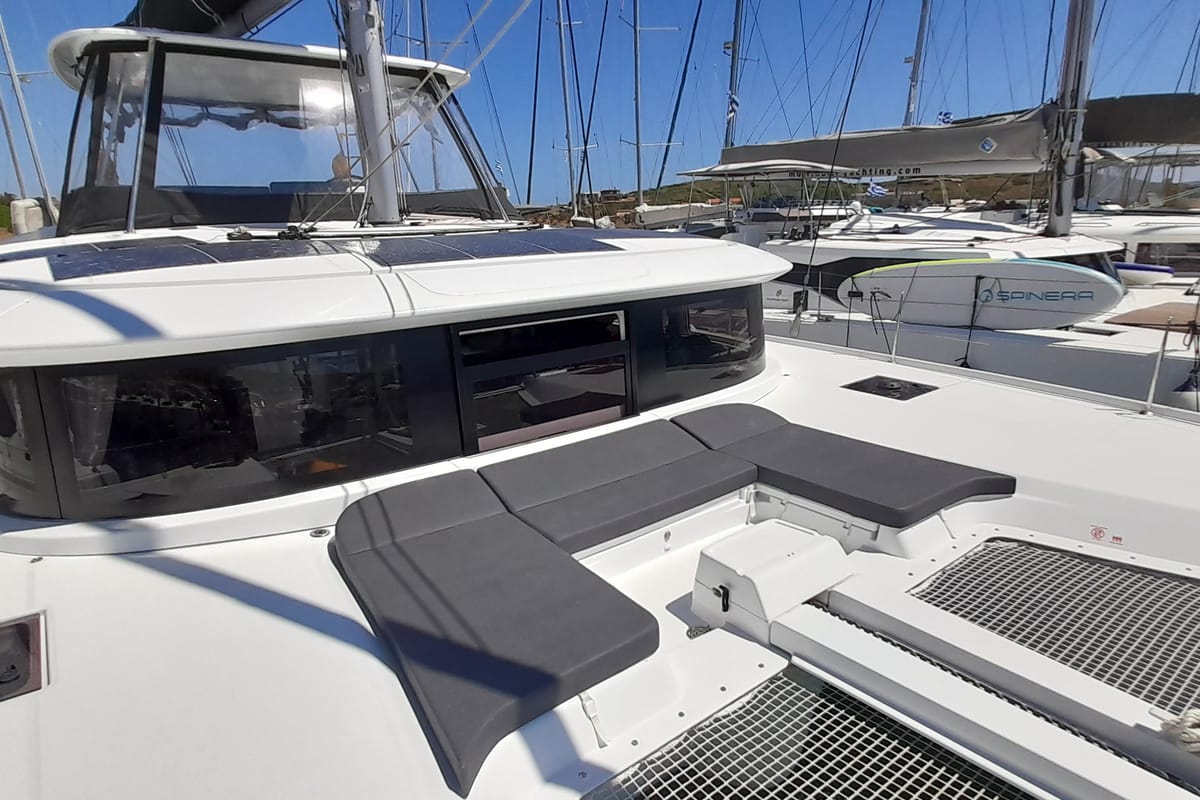 Deck of Free Bird II, a Lagoon 46 OW catamaran at Lavreotiki Municipal Unit, Greece