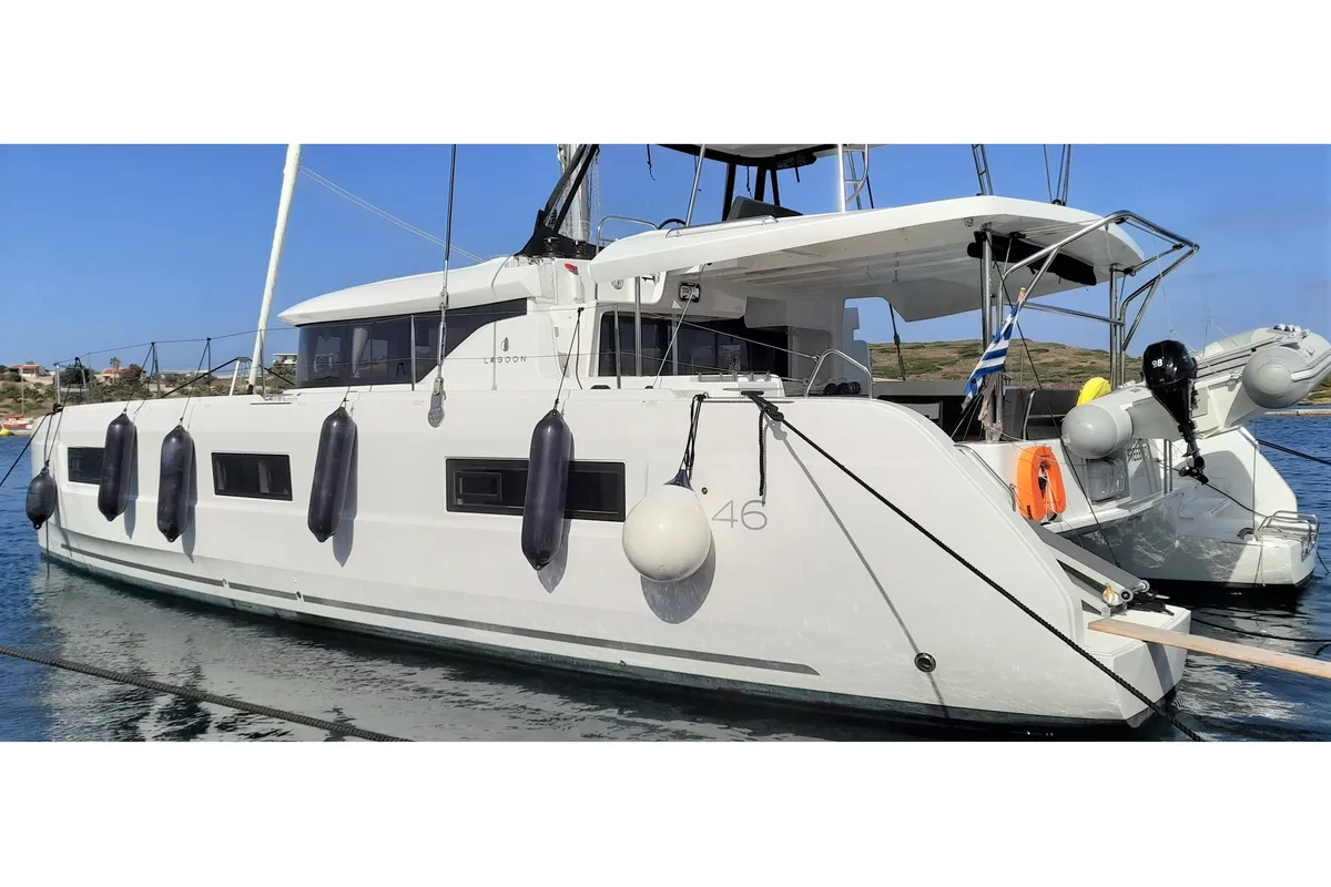 Exterior view of Free Bird II, a Lagoon 46 OW catamaran at Lavreotiki Municipal Unit, Greece
