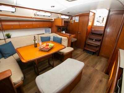 Salon of Calypso, a Bavaria 44 sailboat at Keramoti, Greece
