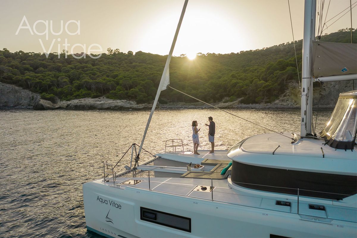 Exterior view of Aqua Vitae, a Lagoon 46 catamaran at Athens, Greece