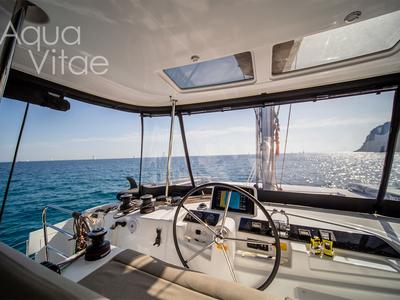 Cockpit of Aqua Vitae, a Lagoon 46 catamaran at Athens, Greece