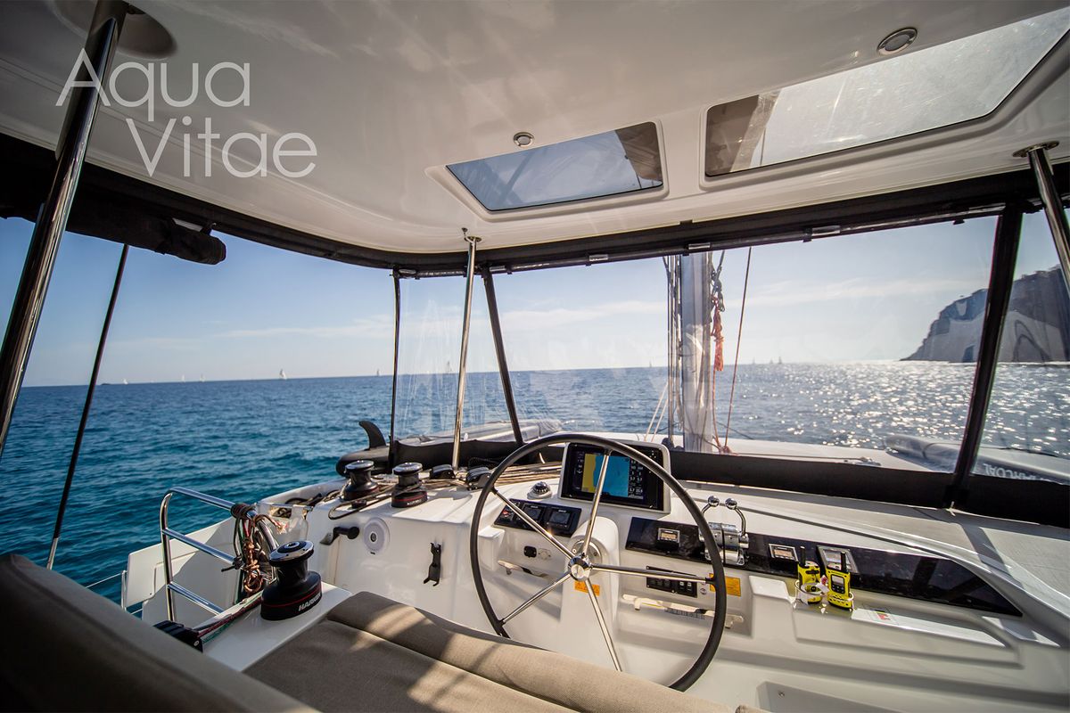 Cockpit of Aqua Vitae, a Lagoon 46 catamaran at Athens, Greece