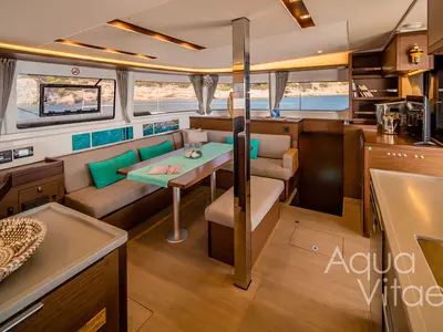 Salon of Aqua Vitae, a Lagoon 46 catamaran at Athens, Greece