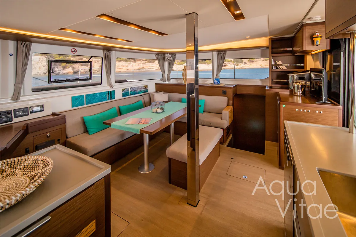 Salon of Aqua Vitae, a Lagoon 46 catamaran at Athens, Greece