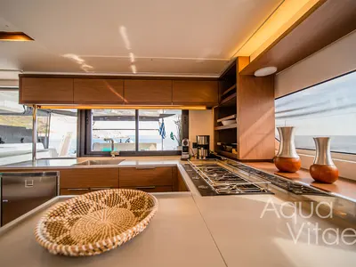 Galley of Aqua Vitae, a Lagoon 46 catamaran at Athens, Greece