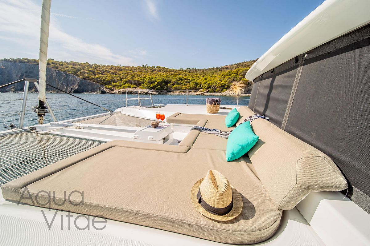 Deck of Aqua Vitae, a Lagoon 46 catamaran at Athens, Greece