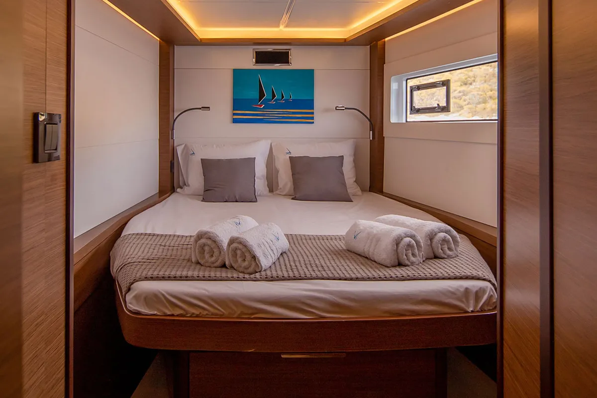 Cabin on Aqua Vitae, a Lagoon 46 catamaran at Athens, Greece