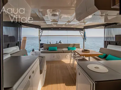 Deck of Aqua Vitae, a Lagoon 46 catamaran at Athens, Greece