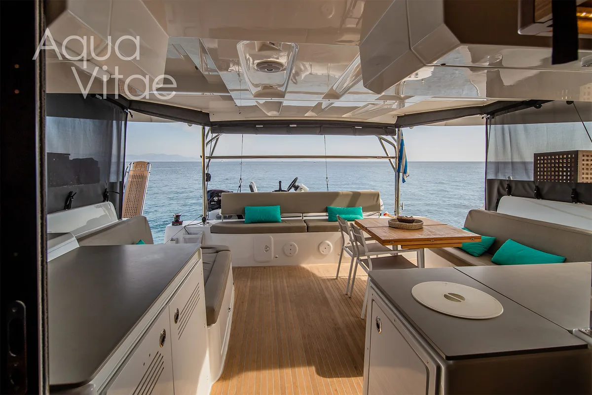 Deck of Aqua Vitae, a Lagoon 46 catamaran at Athens, Greece