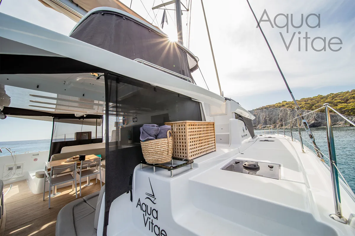 Deck of Aqua Vitae, a Lagoon 46 catamaran at Athens, Greece