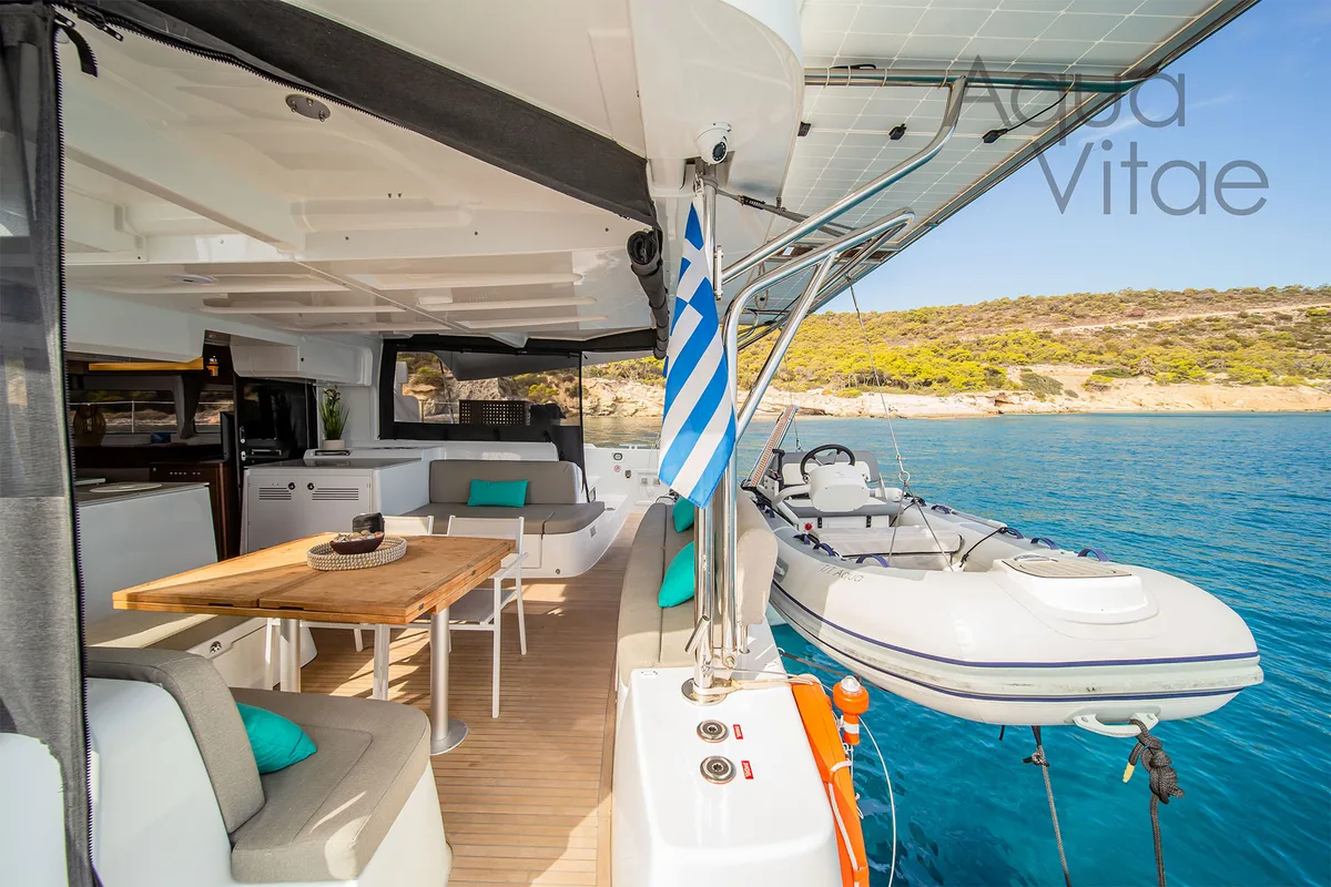 Deck of Aqua Vitae, a Lagoon 46 catamaran at Athens, Greece
